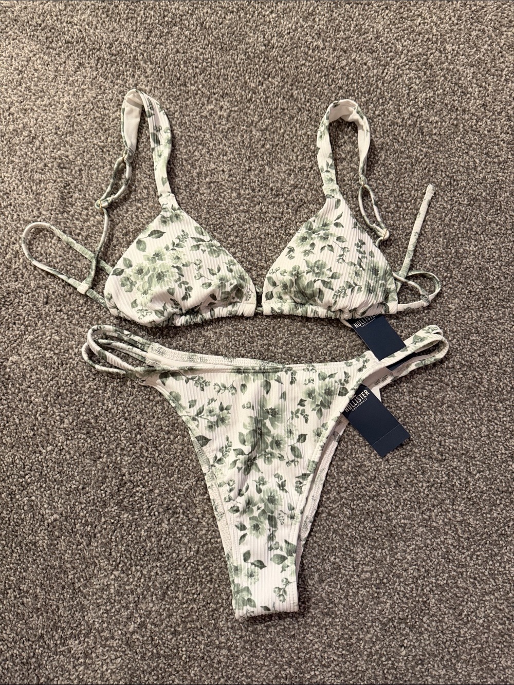 Hollister Green Floral Ribbed Triangle Bikini Set